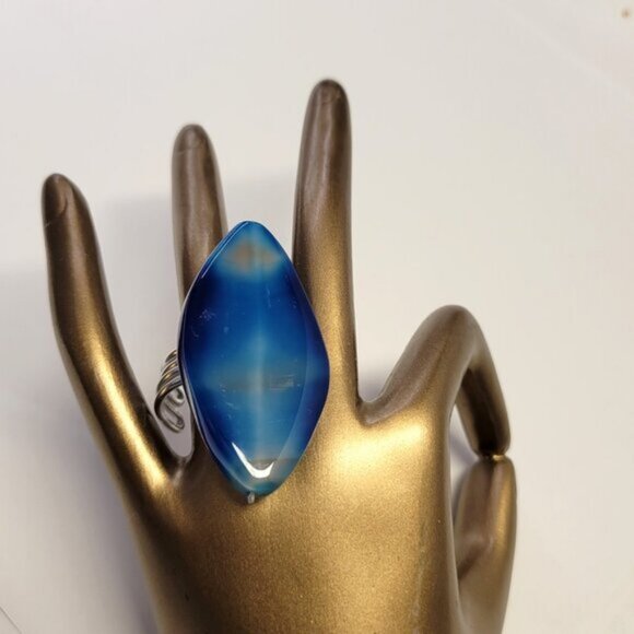 Huge Blue Agate Ring Adjustable Band Handmade Semi Precious Ring Oval Agate Ring - Picture 5 of 10